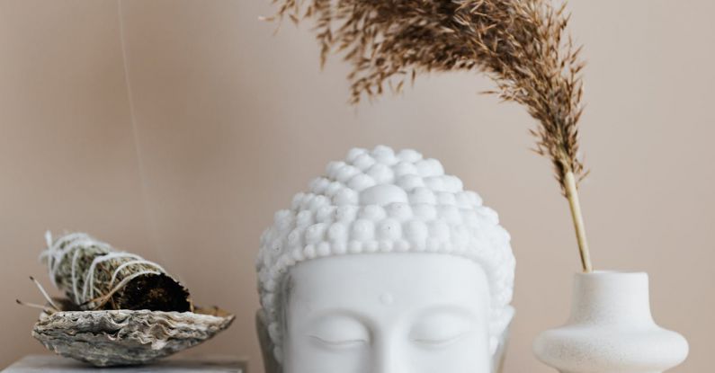Composite Sculpture - Vase with dried herb arranged with Buddha bust and sage smudge stick in bowl