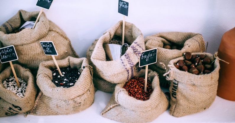 Material Types - Different types of beans in sacks with inscriptions